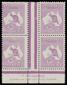 27(3)zb 9d violet Die IIB Two-Line TS Harrison Imprint ('N' over 'MP') block of 4 BW #27(3)zb, one toned perf tip at left, unmounted, Cat $1750+ (mounted). Ex Clive Hodgkinson. [Stuart Hardy's */** block of 4 sold for $669]