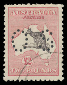 PERFORATED 'OS': PERFORATED 'OS': £2 purple-black & rose-carmine perf 'OS' CTO with GPO Melbourne cds BW #56Cwa, a few irregular perfs at the top, Cat $3500.