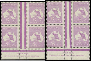 28(3)z 9d violet Plates 3 & 4 Ash Imprint blocks of 4 BW #28(3)z & #28(4)z, the latter with Die II Substitution [R49], unmounted, Cat $3000+ (mounted). Ex Clive Hodgkinson.