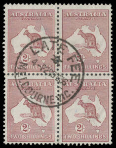 39 2/- maroon block of 4, superb 'LATE FEE/MELBOURNE VIC' cds struck centrally, Cat $160++. A very scarce multiple.