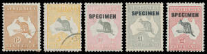 Fine used selection 6d x4 plus 'OS' x2, 9d x9, 2/- x5, 5/- (mint) and 10/-, also CTO set (9d with pulled perf) plus 10/- (2), £1 & £2 overprinted 'SPECIMEN'. (29)