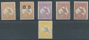 1 6d to 5/- including 6d overprinted 'OS' & both 2/-, the 5/- has a small hinge remainder, the others are unmounted, Cat $660. (6)