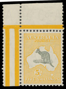 46A 5/- grey & yellow-orange BW #46A corner example from the upper-left corner of the right-hand pane, exceptional centring, the gum a little aged, unmounted, Cat $1250.