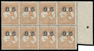 of OVERPRINTED 'OS': 6d chestnut marginal block of 8 (4x2), CTO at Sydney with full unmounted o.g., Cat $800+: BW #23(OS)w.