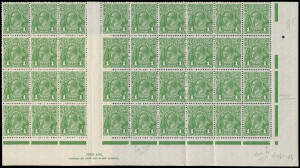 One Penny Green marginal blocks comprising 1) Large Mult Wmk Plate 4 irregular block of 31 with Nick near Top of Left Frame, Neck Flaw, Ferns, 'RA' Joined, Roo's Tongue Out and Harrison Two-Line Imprint, one unit with a tonespot; 2) SMult Perf 13½x12½ Pla