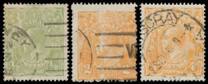 Trio of varieties LMult Wmk ½d emerald with Cracked Electro from the Left-Hand Wattles through the Roo's Head BW #65(5)ha, machine cancel partly obscures the variety, a little aged, Cat $600; 2d orange Tin Shed Flaw, horrid centring; and 4d orange with Li