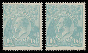 128B 1/4d greenish blue BW #128B, two examples that may have previously been a pair, significantly off-centre, unmounted, Cat $800. Advertised retail $1150. (2)