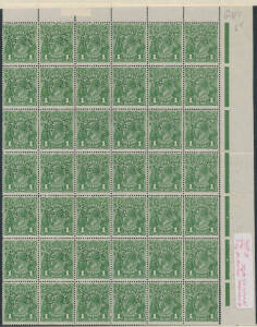 perf - 1d green Plate 4 upper-right corner block of 42 (6x7) with Distorted 'ONE PENNY', Thin 'ONE PENNY', 'NY' Joined and Scratch behind Roo BW #77ab(4)k L m & n, some perf separation, unmounted, Cat $1000++.