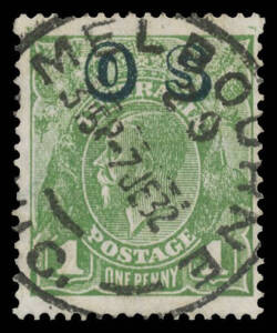 OVERPRINTED 'OS': OVERPRINTED 'OS': 1d green with the Watermark Reversed BW #82(OS)aa (SG O129x), well centred, neat Melbourne cds of 7JE32, Cat $2500 (£900). Chris Ceremuga Certificate (2012).