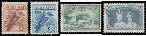 1927-54 issues in springback album plus 1913 6d Kookaburra x4, 1929 Kooka M/S, 1930 2d on 1½d block of 30 mint, 1/- Large Lyrebird x8, Vic Centenary, 5/- Bridge, £1 Robes fine used x2, KGVI with 3d White Wattles used, imprint blocks etc,condition variable