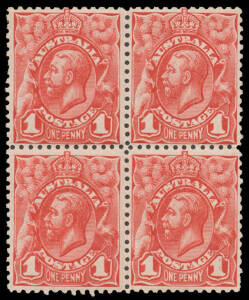 1913 Engraved 1d red block of 4 all with Doubling caused by a Kiss Print BW #59ca, obvious on the left-hand units & especially on the third unit, plated as Plate 4 Rows 3 & 4 Pos 1-2, lightly mounted, Cat $2000+ (based on two units with obvious doubling o