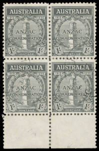 1935 ANZAC 1/- black marginal block of 4 from the base of the sheet, light cds cancels, Cat $160++. A very scarce multiple.