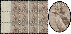 1938-49 Definitives Perf 14x15 6d brown Kookaburra marginal block of 12 (4x3) from the left of the right-hand pane, the seventh unit with the famous "Top Hat" Variety BW #203o (SG 190ab), well centred, most units - including the variety - are unmounted, C