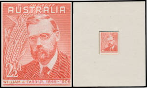 1948 William Farrer 2½d recessed die proof in scarlet BW #272DP(1), CBA cachet in violet on the reverse endorsed " 31 /10.6.48", Cat $3500. Ex "Whiskers". [The ACSC states that 8 die proofs were produced: one was given to the King, #31 was presented to WL