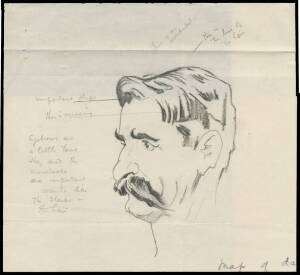 1949 Henry Lawson original pencil sketch on paper (folded to 170x129mm for display) by the distinguished artist Sir Lionel Lindsay with his notes to guide the engraver "This is an accident...this is the line of the hair...important shape...This is is miss