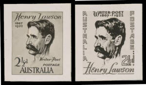 1949 Henry Lawson 2½d stamp-size photographic reductions of two alternative & unadopted designs. Ex "Whiskers".