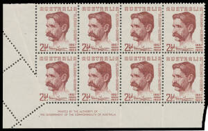 1949 Henry Lawson 2½d lower-left corner imprint block of 8 (4x2) with the fifth unit Partly Imperforate at Left (due to a Paper Fold) BW #275bb, unmounted, Cat $3250. Ex "Whiskers".