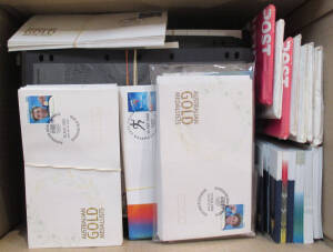 Large carton with a duplicated array of Olympic & Commonwealth Games souvenirs with Gold Medallist sheetlets for 2000 2004 & 2008 Summer Games, 2010 Winter Games & 2006 Commonwealth Games, bundles of souvenir covers, etc. Heavy. (Qty)