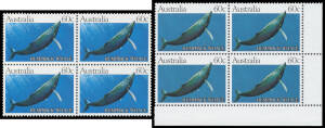 1982 Whales 60c Humpback Whale with Solid Blue Background BW #930E(1) lower-right corner block of 4, unmounted, Cat $1400+. With a normal block of 4 for comparison. [The ACSC characterises this stamp as an "essay". However, several sheets were sold by the