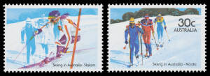 1984 Skiing 30c Nordic Skiing with Black Magenta & Yellow Omitted BW #1036c, unmounted, Cat $400. With a normal stamp for comparison.