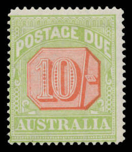 1913-23 Crown/Double-Lined A Thin Paper 10/- scarlet & pale yellow-green BW #D103 (SG D86), Cat $1750 (£1400). It is believed that only 343 were issued.