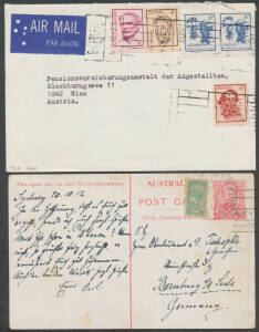 Useful bundle including 1912 usage of 1d scanic Postal Card uprated with Vic ½d to Germany, 1914 to GB with 'IRREGULARLY/POSTED' h/s & 'LATE/FEE - STOCK EXCHANGE/VIC' duplex, 1921 & 1924 airmails from 'ROEBOURNE' or 'ONSLOW' to Perth both with 3d Roo & KG