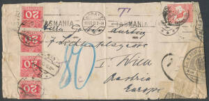 1913 cover to Austria with 1d Roo only tied by Hobart machine cancel of 17FEB13, 'T ("2d")'-in-oval h/s converted to "80" (heller) on arrival with Postage Dues 20h strip of 4 tied by Vienna cds, damaged in transit & resealed with three 'K K POST-u TELEGRA