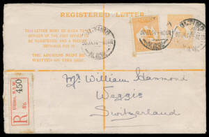 1913 4d KangarooRegistration Envelope (#RE3) to Switzerland with First Wmk 4d orange tied by 'ULTIMO/NSW' cds, scarce red & black/white registration label, 'WEGGIS' rrival b/s. The foreign letter rate was 2½d x2 + 3d registration.