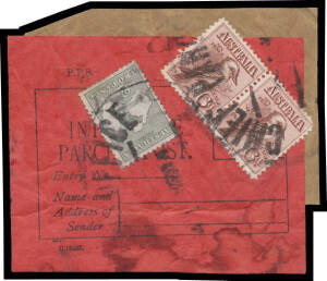 1914 commercial parcel piece with complete black/red 'INTERSTATE/PARCEL POST' label, rare franking of Engraved Kookaburra 6d pair (the right-hand unit with corner fault at upper-right) & 2d Kangaroo tied by huge rubber parcel cancels, staining well-clear 