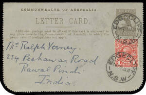 1914 commercial usage of 1d Roo Letter Card ("CENTRAL RLY STN/BRISBANE" part-oval) to "Rawal Pindi/India" (now in Pakistan) uprated with 1d Engraved tied by superb 'EDGECLIFF/13JA14/NSW' cds, 'RAWALPINDI/4FE14' arrival b/s, minor soiling.