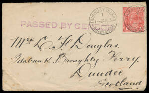 1915 commercial Burns Philp cover to Scotland via Hong Kong (b/s) with KGV 1d red tied by 'THURSDAY ISLAND/ 1 /QUEENSLAND' cds, large 'PASSED BY CENSOR' h/s in purple applied at Thursday Island, a bit soiled.