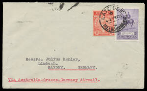 1935 commercial airmail cover to Germany with scarce franking of Silver Jubilee 2/- violet + ANZAC 2d tied by 'LATE FEE/7MY35/MELBOURNE VIC' cds, Athens transit b/s, minor postal ink marks at the top. The rate was 2/1d for all-the-way airmail + 1d late fe