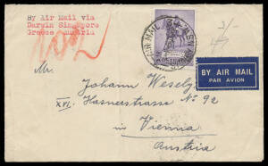 1935 commercial airmail cover to Austria with scarce solo franking of Silver Jubilee 2/-, Athens transit b/s & three different Vienna cds including 'TELEGRAPHENAMT WIEN 1' indicating delivery by pneumatic post, minor faults.