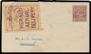 1920 (July 30) Melbourne-Traralgon flight AAMC #47 with a very fine example of the violet/yellow 'HERALD/AERIAL/DELIVERY' label tied to the face by 'HERALD & WEEKLY TIMES' "clock" cds and KGV 1½d black-brown tied by 'TRARALGON/VIC' arrival cds, blemishes 