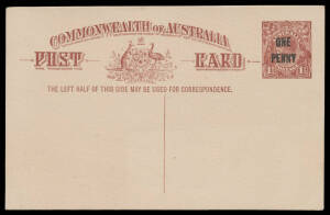 POSTAL CARDS: 1923 'ONE/PENNY' Surcharges 1d on 1½d brown with Footnote Deleted BW #P58, unused, Cat $750.