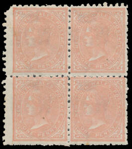 1870-1902 Wmk '36' 1d salmon Perf 10 SG 208a block of 4, characteristic rough perfs & a rounded corner at upper-left, virtually full o.g. with the lower units being unmounted, Cat £1000++ (mounted). A rare multiple.