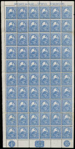 1888-89 Centennial Large 'NSW' Watermark (Revenue Paper) 2d Emu SG 260 complete right-hand pane of 60 (6x10) with 'POSTAGE - TWO PENCE' imprint at the top plus 'CP' 'G Pr O/NSW' & '1888' "monograms" at the base, the last column imperforate at right & ten 