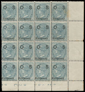 OFFICIALS: 1891 'Halfpenny' on 1d grey SG O55 lower-right corner block of 16 (4x4), a few gum-side blemishes but with full unmounted o.g., Cat £1040++.