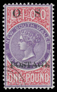 REPRINTS: 1887-90 Officials £1 violet & claret with seriffed 'O S' Overprint, CTO with 'GPO'-in-concentric-ovals cancel, 'Neudruck' (= "reprint") handstamp on the reverse. The issued stamp had sans serif 'O S'.