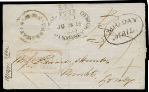 1837 large-part outer to Sydney with a legible strike of the undated-circle 'PARRAMATTA/NSW' & fine boxed 'PARRAMATTA/POST PAID' in red, GPO arrival d/s & very fine 'MIDDAY/MAIL.'-in-oval h/s. A very attractive combination of pre-1840 markings.