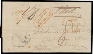 1845 entire headed "New England/May 25th 1845" & signed "John Richards" to England with fine boxed 'PAID AT/ARMIDALE' & poor Armidale d/s, Sydney transit of JY*16/1845 & London arrival b/s of 24NO24/1845 both in red, a bit soiled.