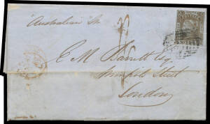 1852 (Sep 18) mercantile entire to London per "Australian Str" with very fine Laureates 6d chocolate-brown/bluish paper SG 75 (full margins, Cat £250 x2+ on cover) tied by bars cancel of Sydney (b/s), London arrival b/s of 12JA12/1853, ironed-out horizont