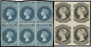 Perkins Bacon imperforate plate proofs on ungummed unwatermarked paper comprising 1) 2d pair in black with full margins; 2) 6d block of 6 (3x2) in blue, the upper units a bit cut-into, the lower units with full margins; and 3) 2/- in black block of 4 with