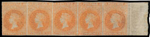 1860-69 Second Roulettes 2d bright vermilion SG 26 marginal horizontal strip of 5 from the right of the sheet, some minor oxidisation, large-part o.g., Cat £600++ A rare multiple.