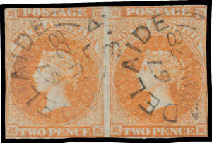 1860-69 Second Roulettes 2d bright vermilion horizontal pair Imperf Between SG 26a, deep shade, small scissor-cut into the base of the first unit, neat Adelaide cdsof 67/JU28, Cat £650. Most of the surviving pairs have significant faults. [This pair has t