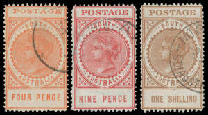 1902-12 Long Stamps Inverted Watermarks comprising Thin 'POSTAGE' 4d, Thick 'POSTAGE' Crown/SA 9d & Crown/A 1/-, cds cancels, Cat $625. The first two are very scarce.