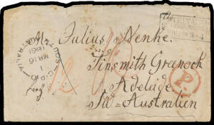 1860 stampless cover from Germany with boxed 'STEINAU AO/REG BEZ BRESLAU/29 12*3-4' datestamp, London transit cds of JA2/61 & large 'P.'-in-circle h/s both in red, superb Adelaide cds of MR16/1861 on the face & 'GREENOCK/=SOUTH-AUSTRALIA' arrival b/s (rat