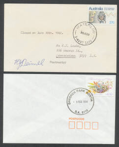 Mounted collection of 1970s-1990s covers used on Closing Day (mostly) or Opening Day of post offices, some very minor duplication, some are signed by the postmasters. (88)