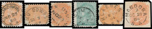 Superior group of 19th century datestamps mostly on 2d oranges including superb 'COLLINGSFIEL__ /NO23/85/S-A' ('D' missing; rated RRR), very fine 'COONDAMBO/FE27/--/S-A' (RRR), superb 'COURNAMONT/NO28/S-A' (RRR), superb 23mm 'EMU DOWNS/SE7/87/[S-A]' (RRR)