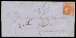 Echunga (2): 'ECHUNGA/SP9/1859/=SOUTH-AUSTRALIA=' light but clear strike & fine '50' cancel on Rouletted 2d on outer to "Lapton (?)/Callington", very fine to superb transit b/s of 25mm 'HAHNDORF/S-A' (rated RRR), 'KANMANTOO/=SOUTH-AUSTRALIA=' (RRR) & 25mm